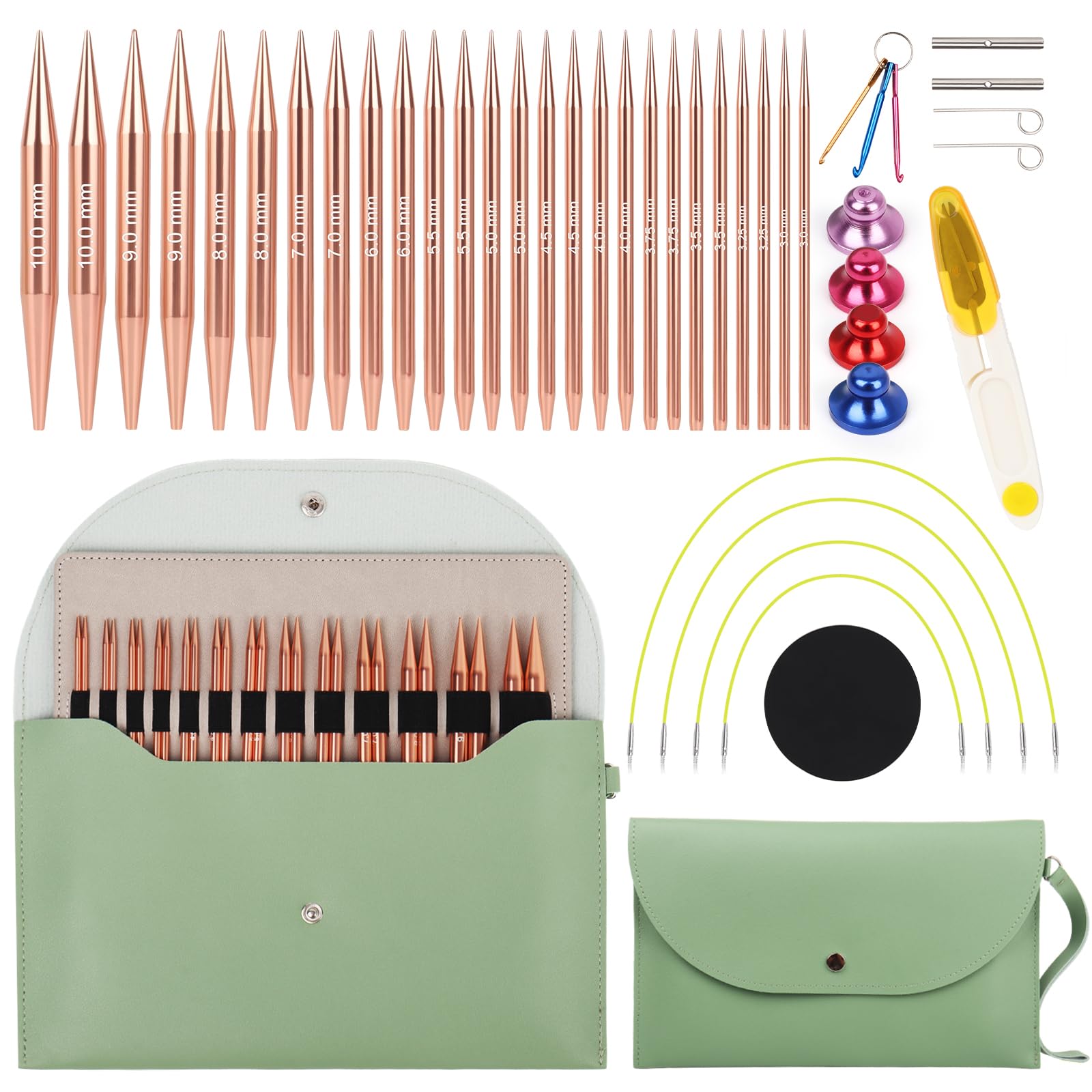 Coopay Interchangeable Circular Knitting Needles Set, 13 Pairs Circular Knitting Needles Set with Case, Cables & Accessories, 3mm-10mm Aluminum Interchangeable Knitting Needle for Beginners