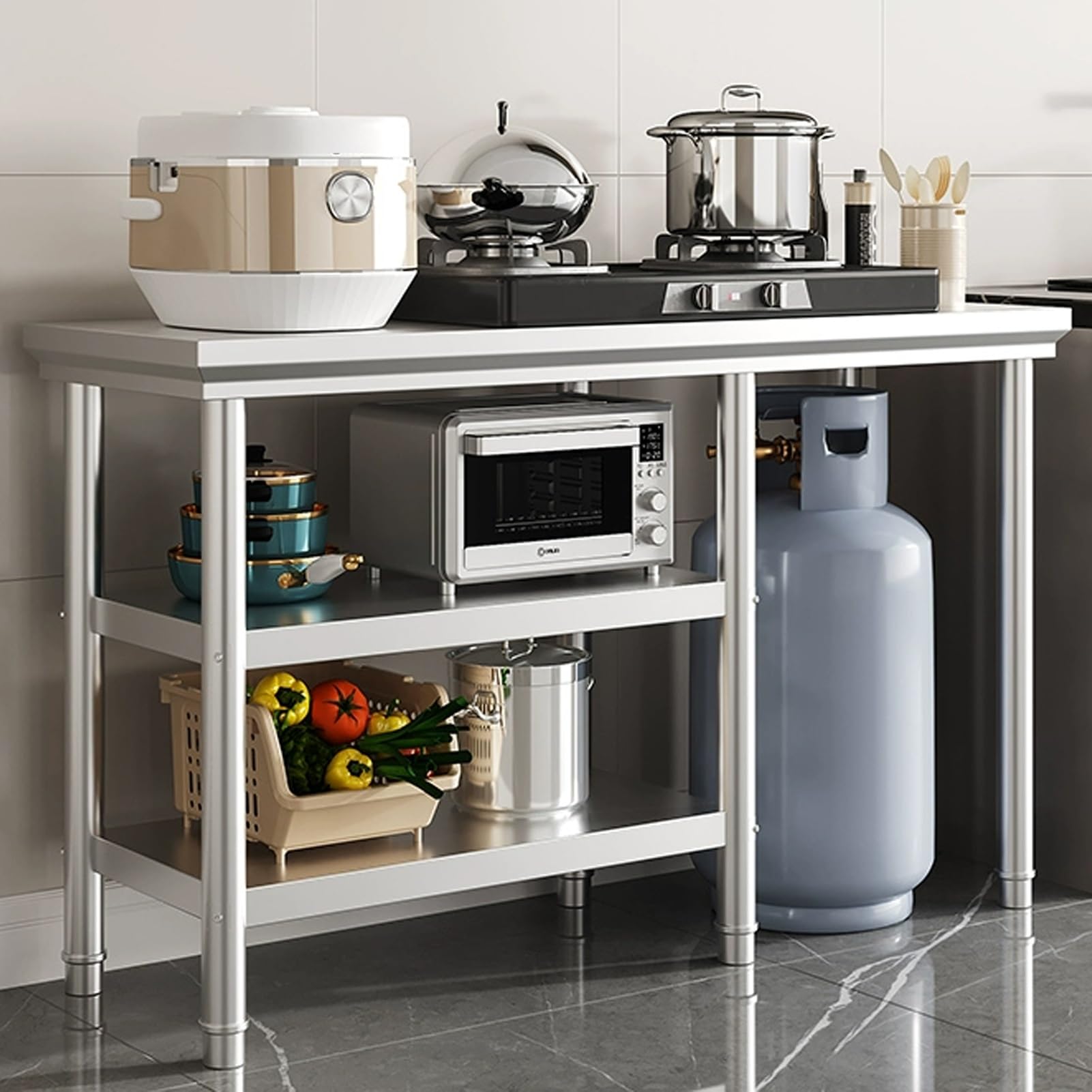 Mesa de preparación comercial de acero inoxidable, mesa de trabajo con pies ajustables para restaurante, cocina y catering