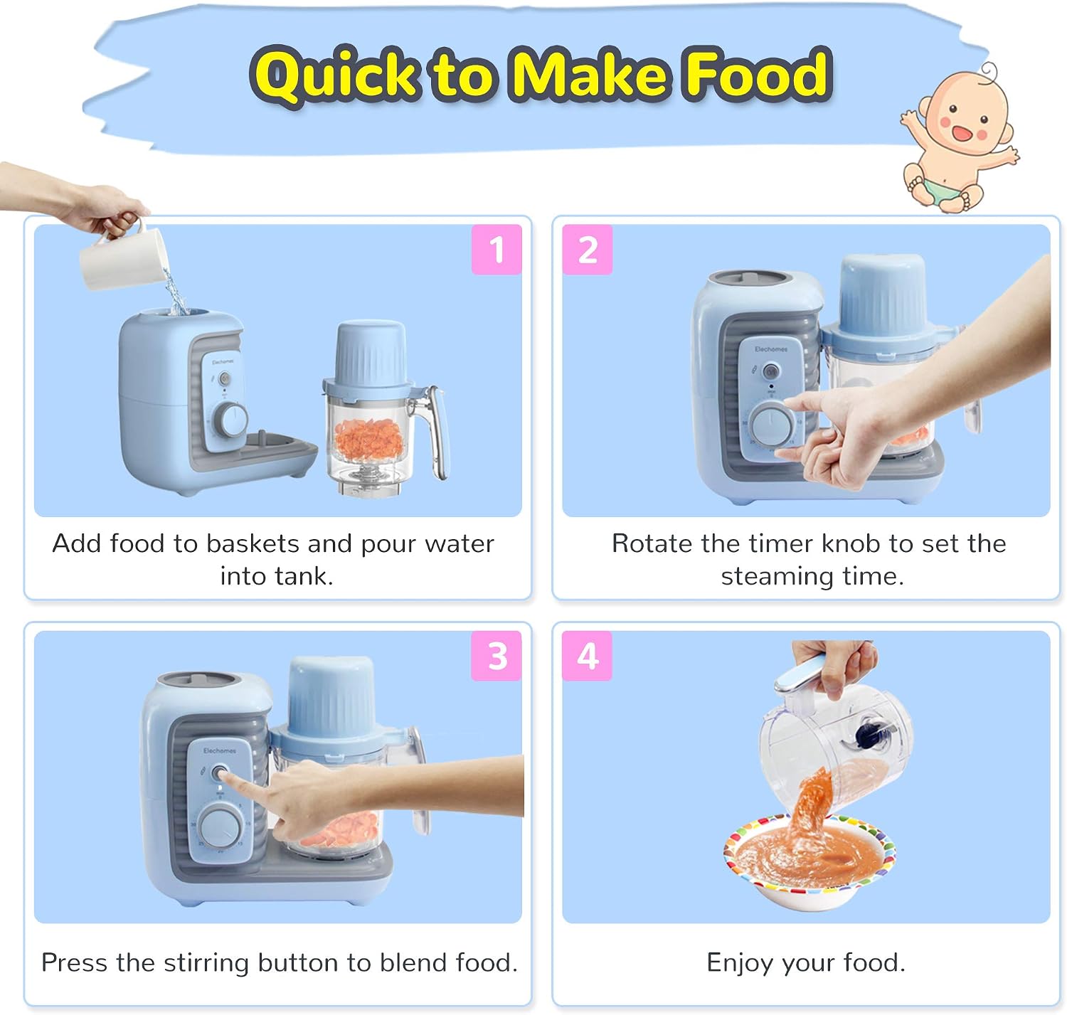 Baby Food Maker, Elechomes 8 in 1 Baby Food Processor Blender Grinder Steamer Warmer, Multifunctional Baby Food Mills for Cooking Organic Healthy Infants and Toddlers Puree, Timer Control