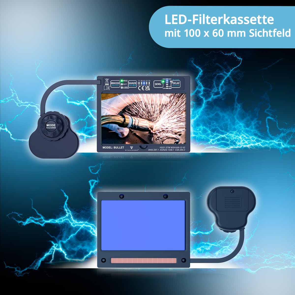STAHLWERK Automatik-Schweißhelm 3-in-1 Bullet – Schweißerhelm mit True-Colour, automatische Abdunkelung DIN 4-13, optische Klasse 1/1/1/2, optimales Sichtfeld 100 x 60mm, Schweißschild, Schweißmaske