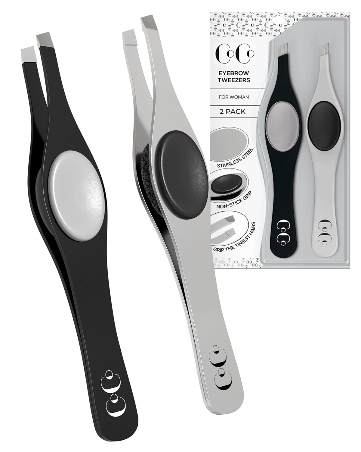 Cocos Closet Precision Tweezers for Women Facial Hair - Stainless Steel Tweezers for Women and Men - Ideal for Eyebrow Shaping and Hair Removal - Slanted Tips, Durable and Ergonomic Grip Design