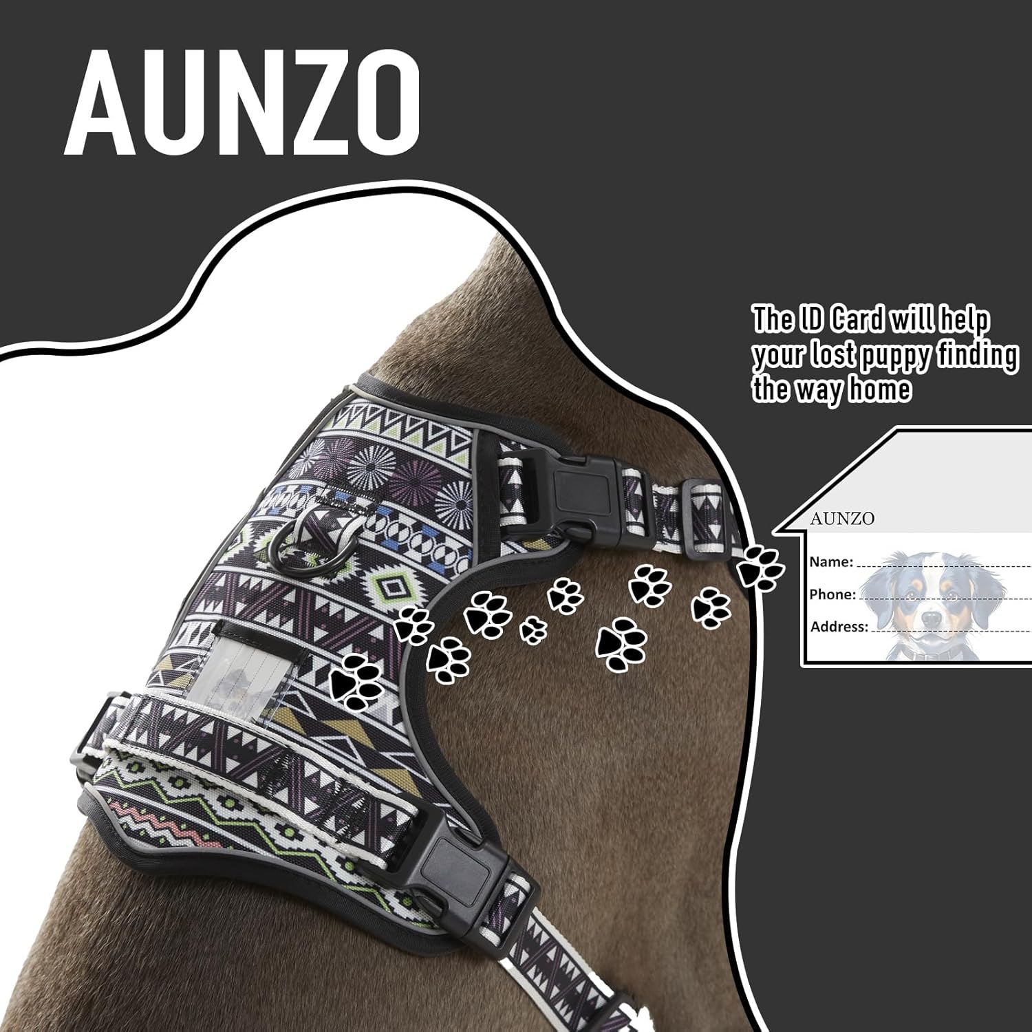 AUNZO Black Dog Harness for X-Large Dog Breeds, Easy on Easy Off Vest, No Pull Adjustable Pet Harness with Handle, Reflective Dog Vest for Walking Hiking Training, Black Ethnic, XL