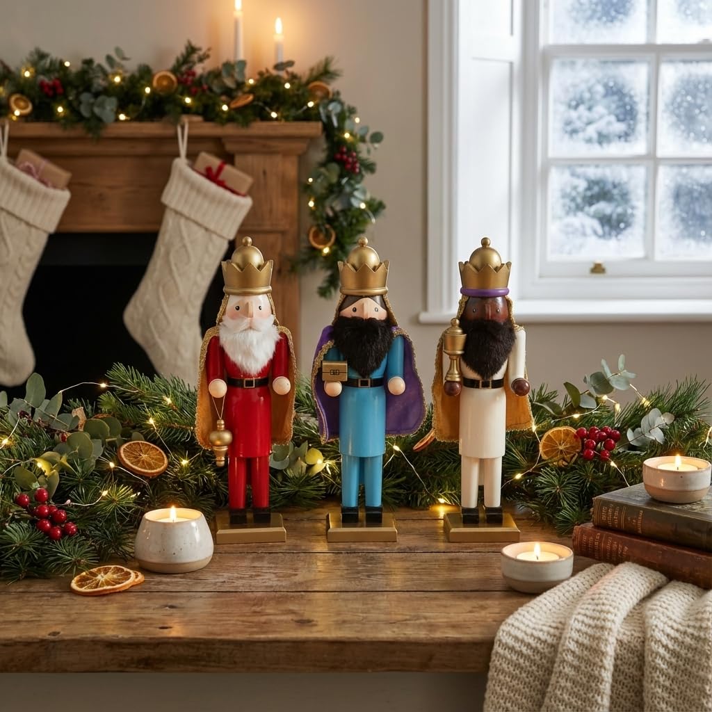 KAROLINE&CO. Decoracion Navidad Cascanueces Navidad 38 cm Set 3 Figuras Reyes Magos con Regalo | Adornos de Navidad y Christmas Decorations para hogar y escaparates