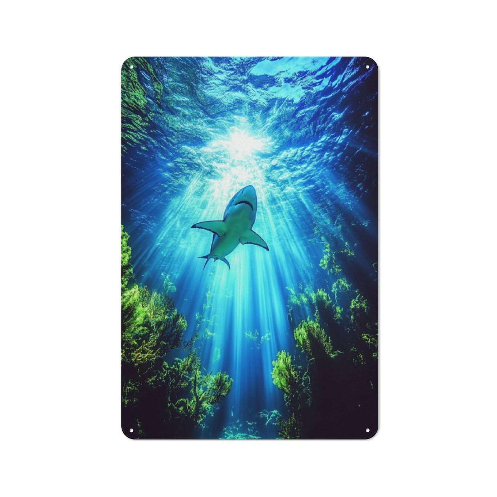 Junmoney Style-19 Shark Swimming In Sunlit Ocean Depths Rustic Printed Metal Sign 30X20cm For Garage Or Workshop, For Garage, Workshop And Man Cave Decoration