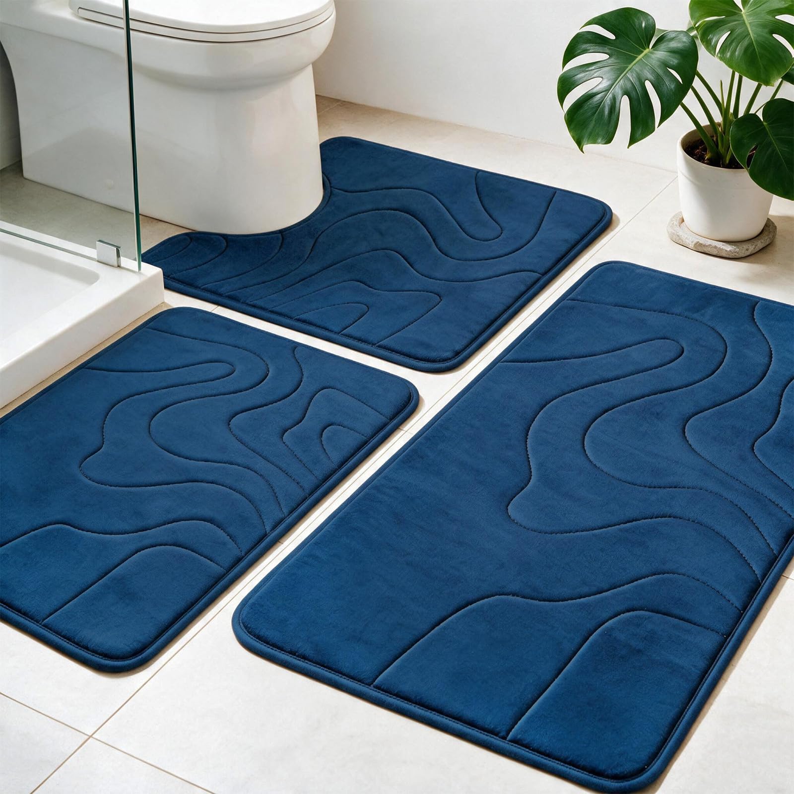 Famibay Bath Mat Sets 3 Piece Non Slip Memory Foam Bathroom Mat Blue Absorbent Soft Machine Washable Toilet Mat for Bathroom Shower Floor