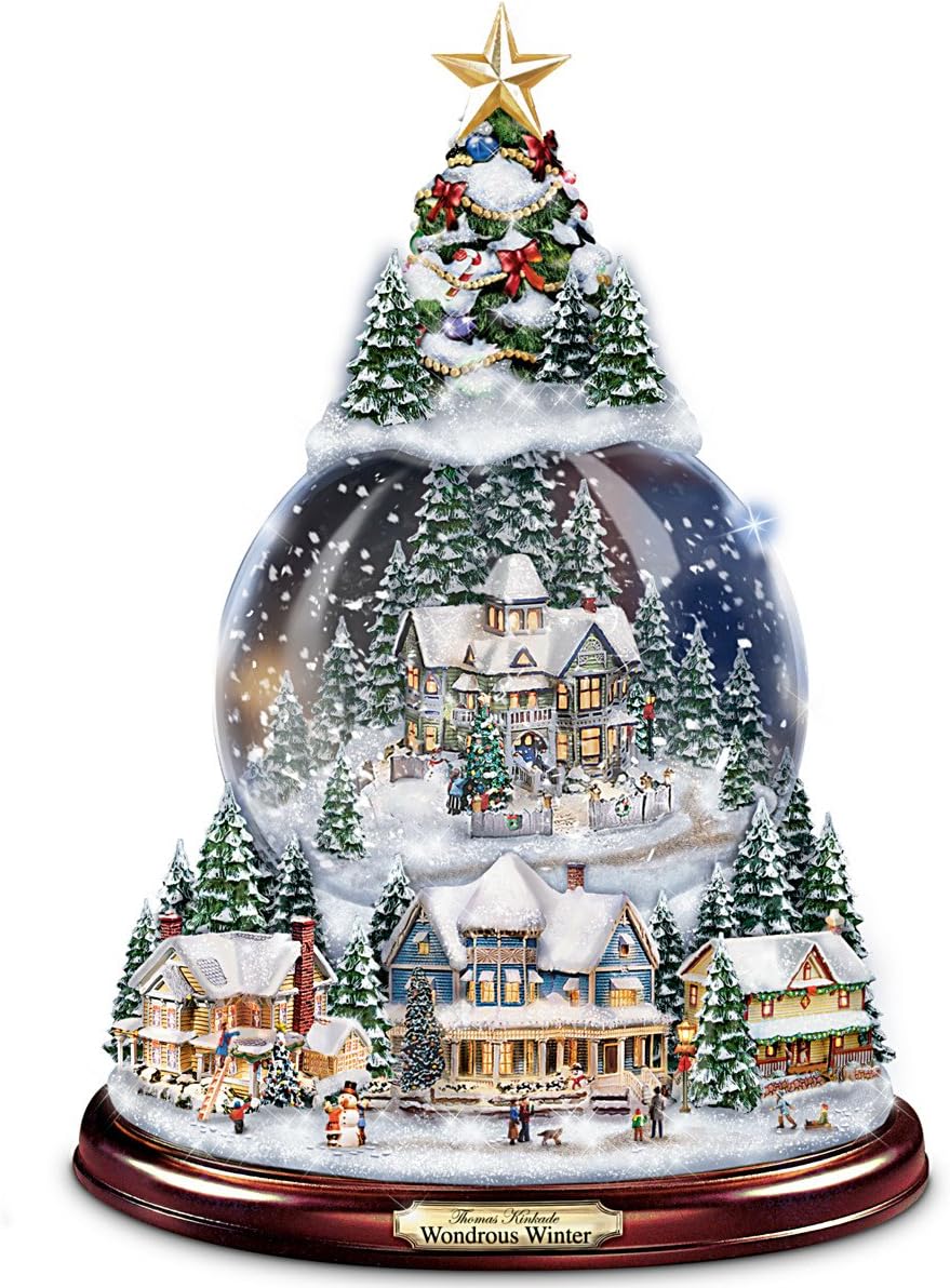 Thomas Kinkade Wondrous Winter Musical Tabletop Christmas Tree with Snowglobe: Lights Up!