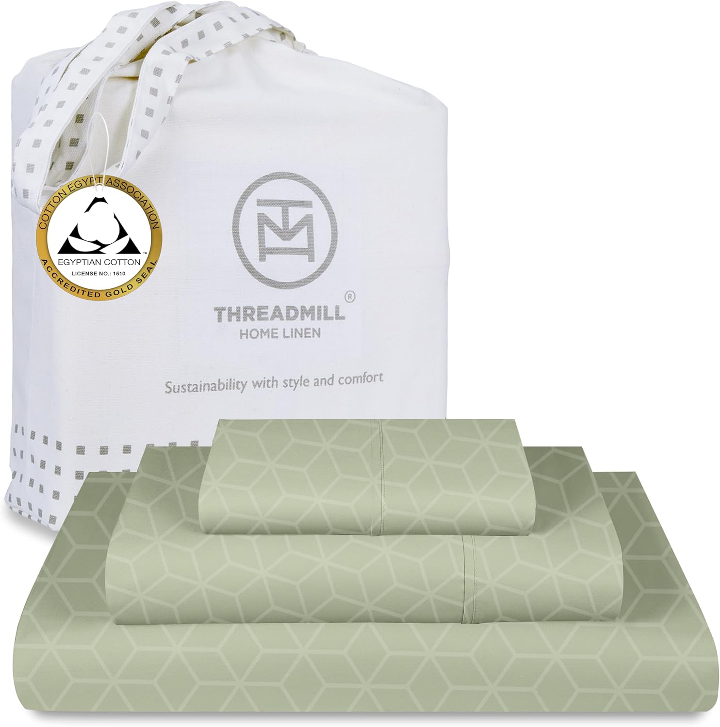 Threadmill Egyptian Cotton Twin Sheet Set | 100% Certified Egyptian Cotton Sheets for Twin Size Bed | Damask Jacquard Twin Bed Sheets Set 15" Deep Pocket | Soft 3 Piece Cooling Sheet Set | Sage Green