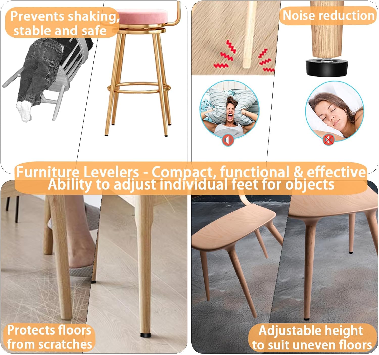 1/4" Thread Leveling Feet, 8 PCS Furniture Levelers with T-Nuts, Adjustable Furniture Feet Threaded Screw in, Table Levelers for Adjusting Individual Cabinet Feet