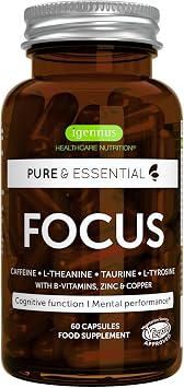 Igennus Focus Brain Booster with Caffeine L-Theanine Taurine L-Tyrosine Plus B Vitamins Zinc & Copper Improved Cognitive Function & Mental Performance 60 Capsules