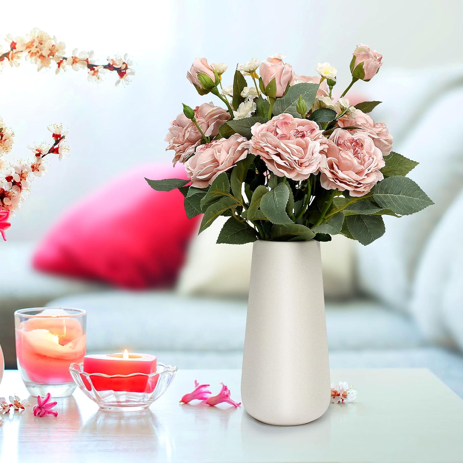 Fake Flowers in Ceramic Vase, Artificial Pink Flower Bouquet with Vase Floral Arrangements for Mantel Dining Table Coffee Table Centerpieces - Dusty Pink