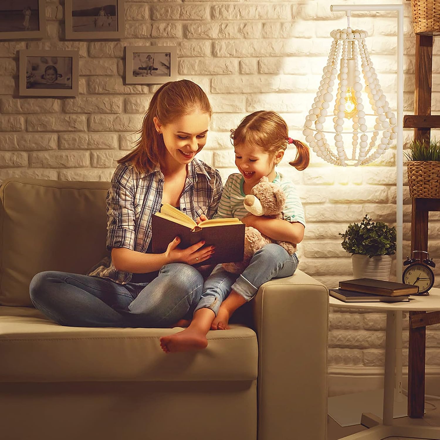 Boho Floor Lamp for Bedroom, Wood Beaded Floor Lamps, 59" Tall Standing Lamp, Boho Light Fixture, White Farmhouse Floor Lamp for Living Room, Office