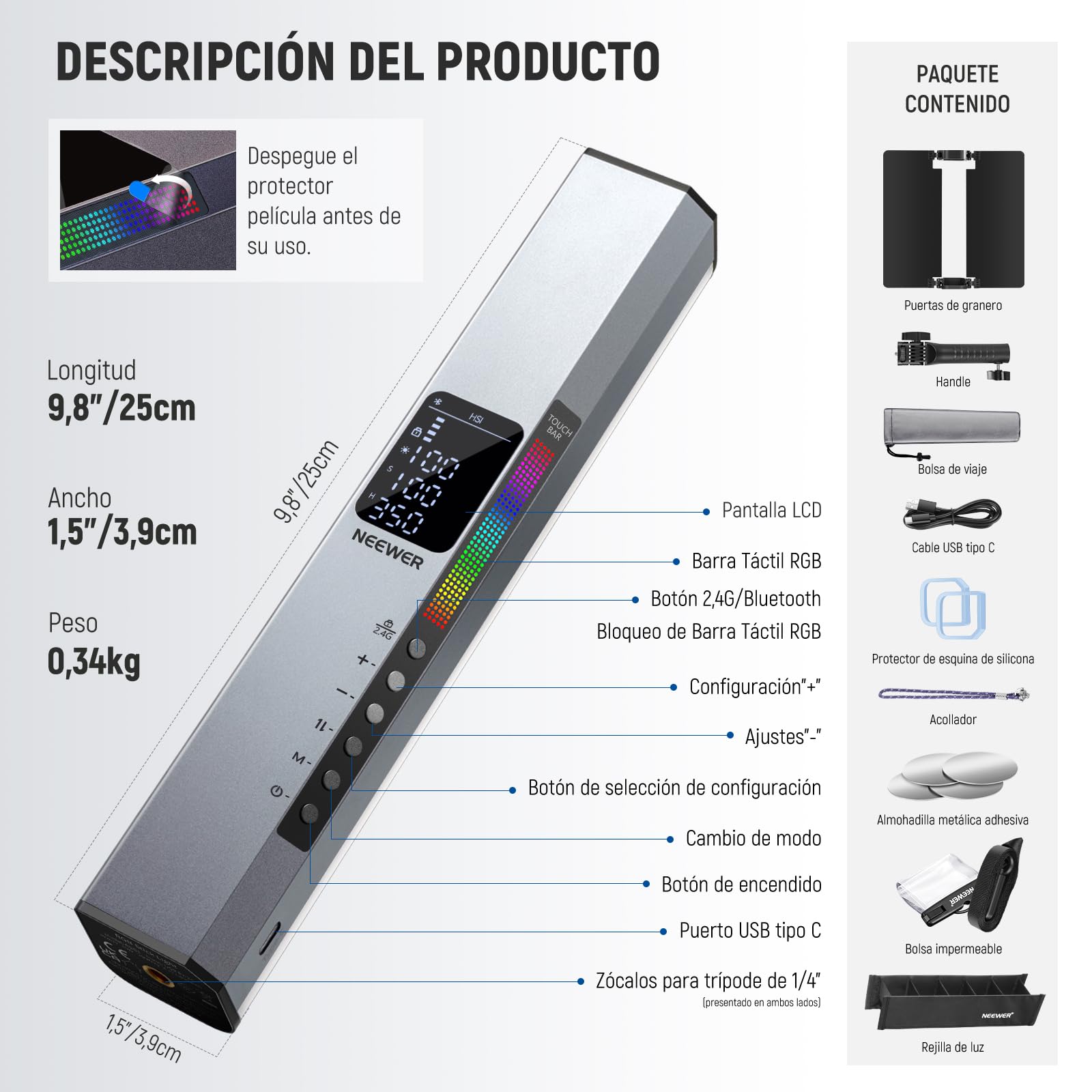 NEEWER RGB1 Tubo de Luz LED con Puerta, Handle, Barra Táctil/Control de Aplicación, Luz de Video RGB Magnética, 3200K-5600K CRI98+ Iluminación de Fotografía Regulable con 6400mAh Batería, 17 Escenas