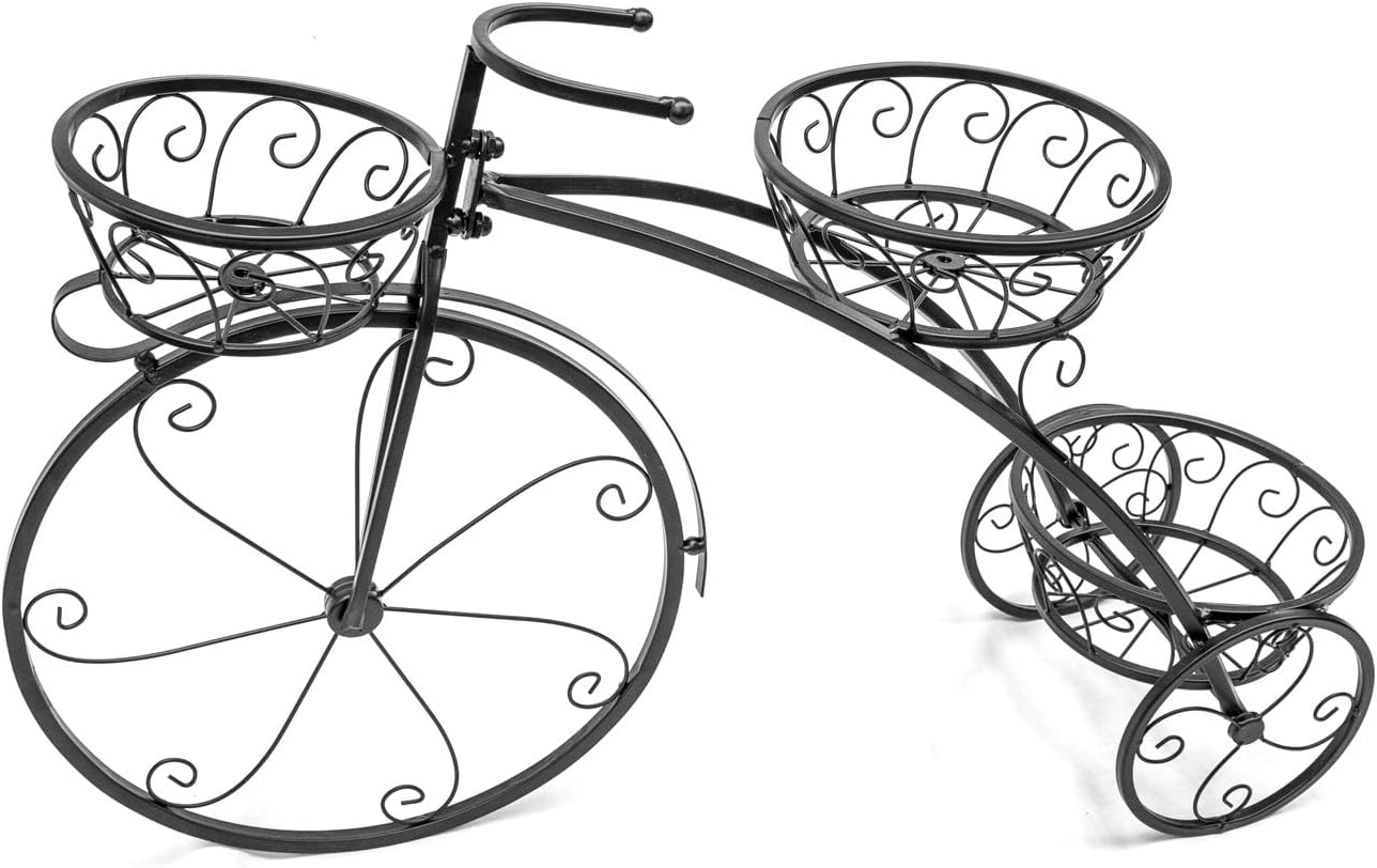 Tricycle Plant Stand - Flower Pot Cart Holder Parisian Style (Black) Black Modern Contemporary Round Metal