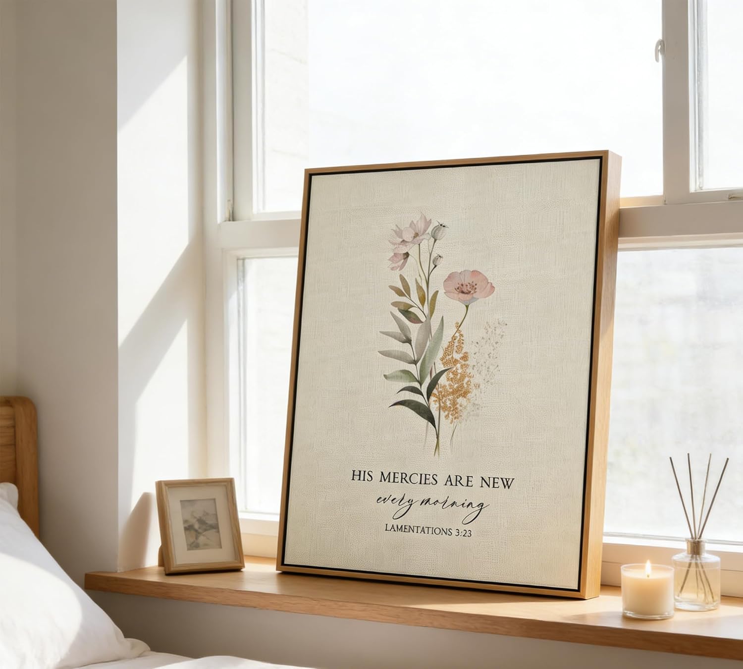 Framed Christian Floral Scripture Canvas Wall Art Boho Bible Inspirational Picture Wall Decor His Mercies Are New Every Morning Poster Print Artwork for Prayer Room Church Study Living Room Home Decoration