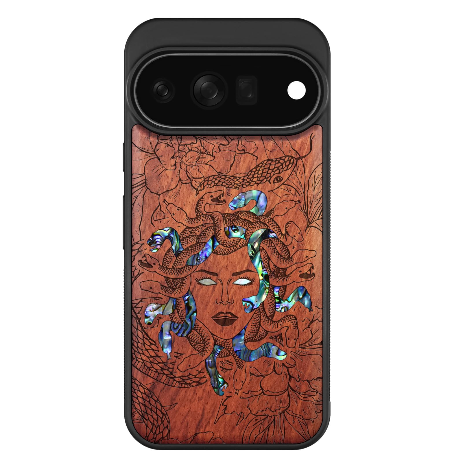 Carveit Madera Funda para Google Pixel 11 Pro (Rosa-El Enigma de Medusa) | Compatible con MagSafe [Grabado en madera e incrustación de mejillones] Magnética Cover para Pixel 11 Pro Carcasa