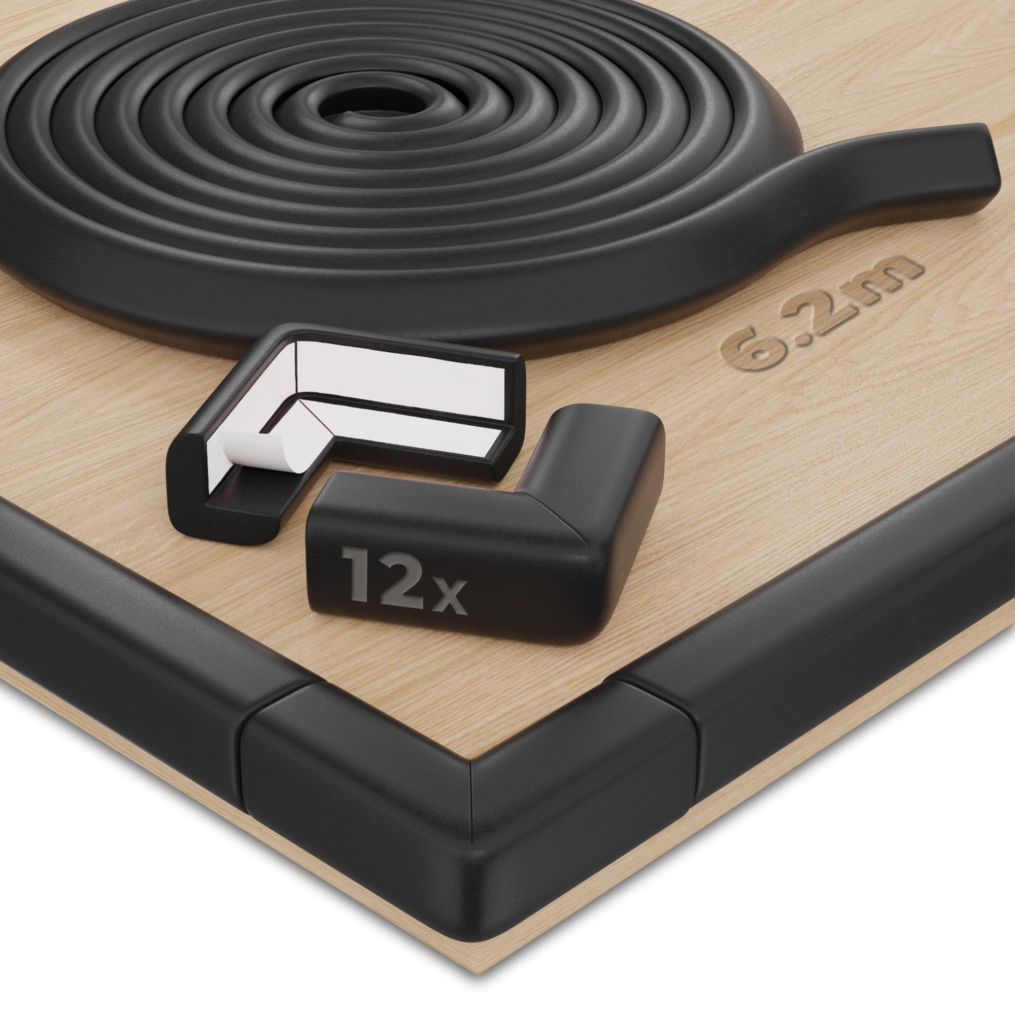 Hoffenbach 12x Baby Corner Protectors & 6.2m Soft Foam Edge Guard for Kids – Self-Adhesive Bumpers for Child Safety, Furniture, Desks, Tables – Safe & Durable – Black