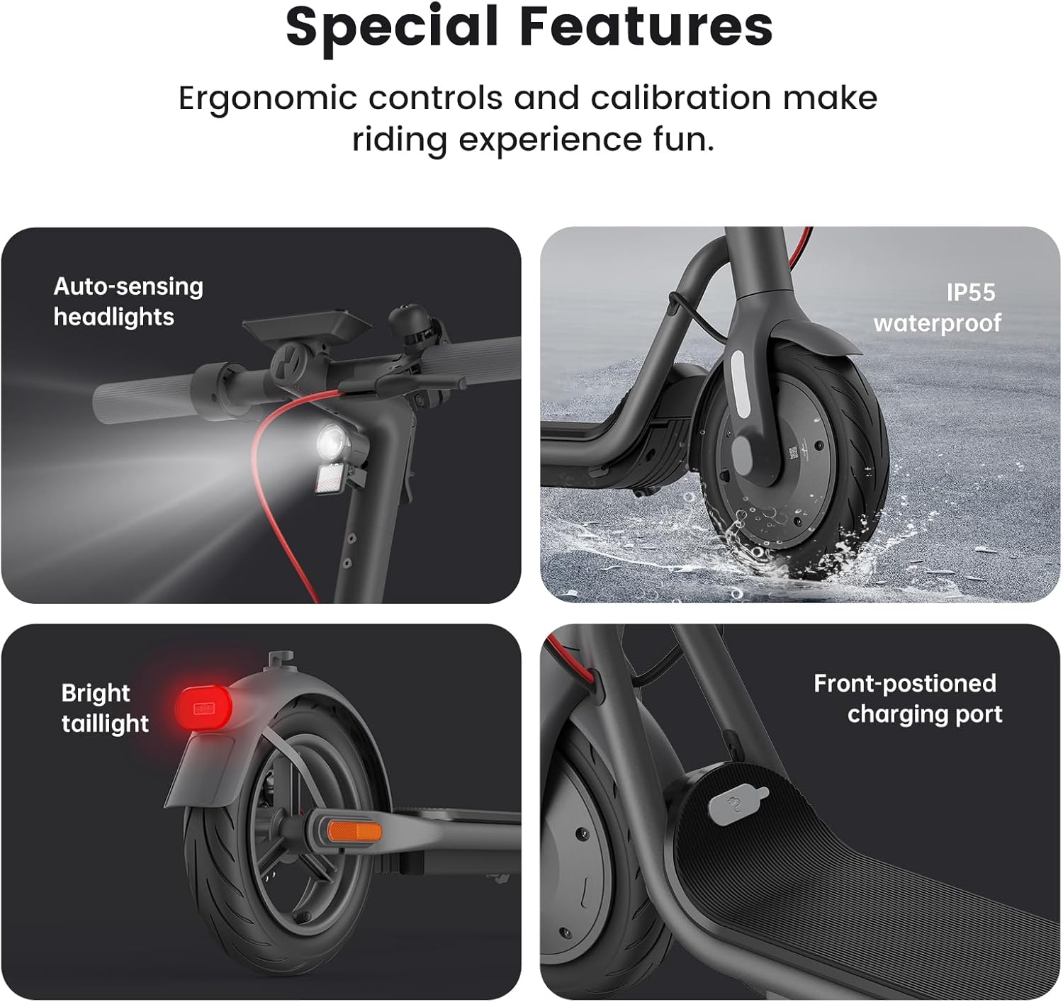 Close-up of NAVEE V50 scooter's special features including charging port