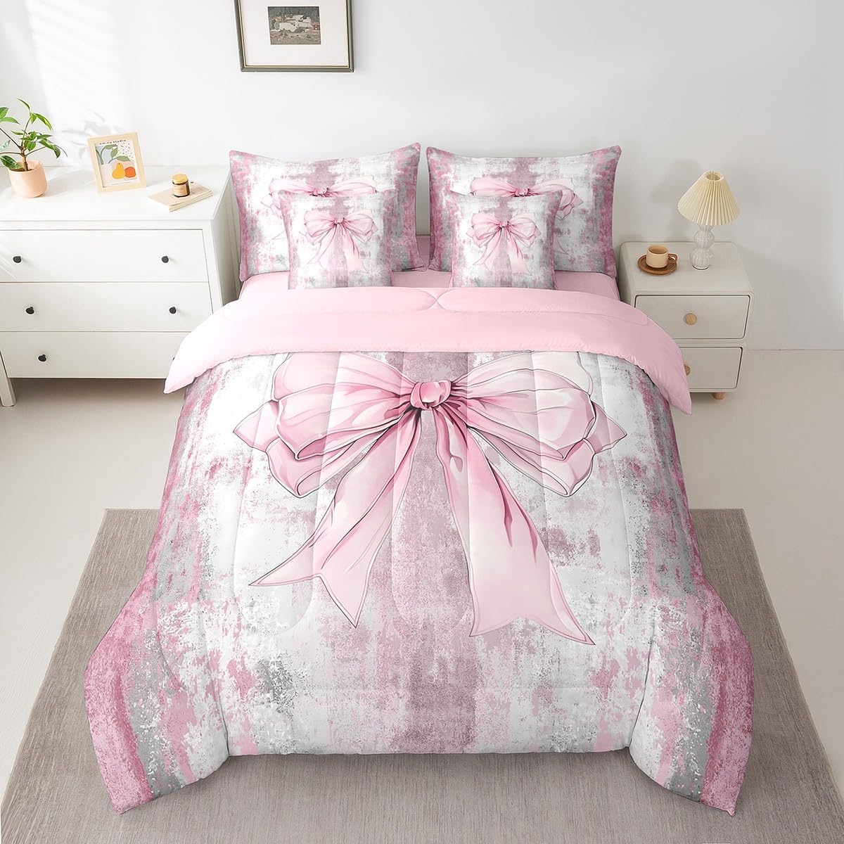 Erosebridal Rustic Farmhouse Bed in A Bag Queen Comforter Set 7 Piece,Romantic Princess Style Modern Bowknot Bedding Sets for Kids Boys Girls Countyr Wooden Dreamy Sweet Pink Sheet Set with Comforter