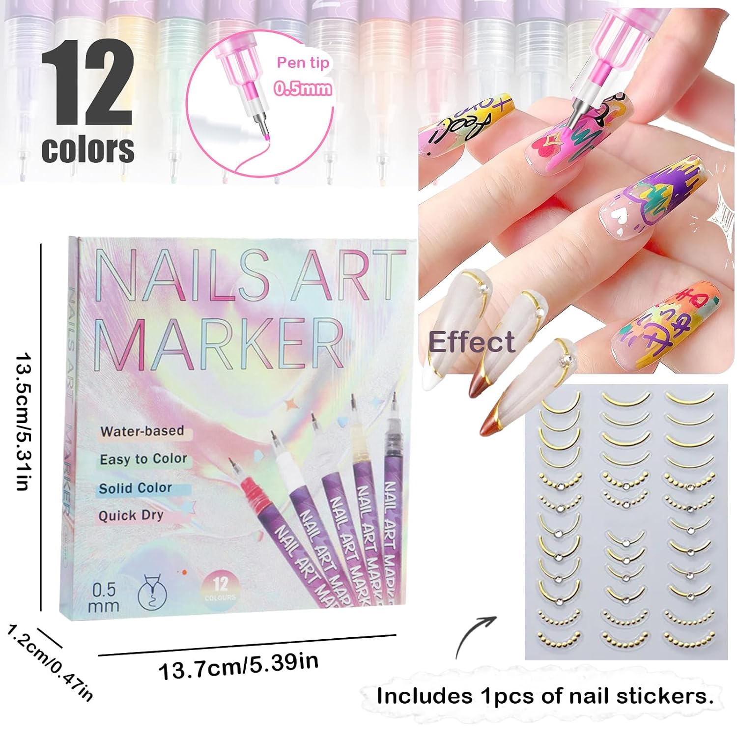 12 Colors Nail Art Pens Set, 2026 New Nail Marker 0.5mm Fine Tip, DIY Waterproof and Quick-Drying Portable 3D Nail Polish Pens for Home Salon Beginners Girls(12PCS with 1 Nail Art Sticker)