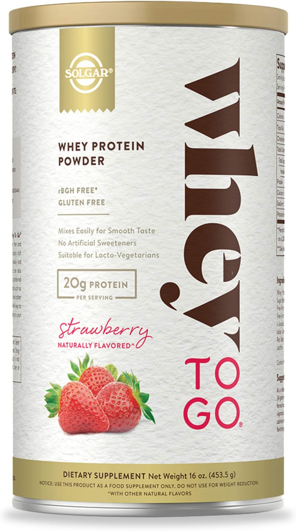 Solgar Whey To Go Protein Powder Natural Strawberry Flavor, 16 oz - Whey Protein Isolate and Concentrate - Mixes Easily for Smooth Taste - Gluten Free - 20g Protein per Serving