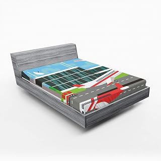 Ambesonne Airport Fitted Sheet, Air Trip Themed Simplistic Cartoonish Illustration of Runway Departure Plane, Bed Cover with All-Round Elastic Deep Pocket for Comfort, Full Size, Multicolor