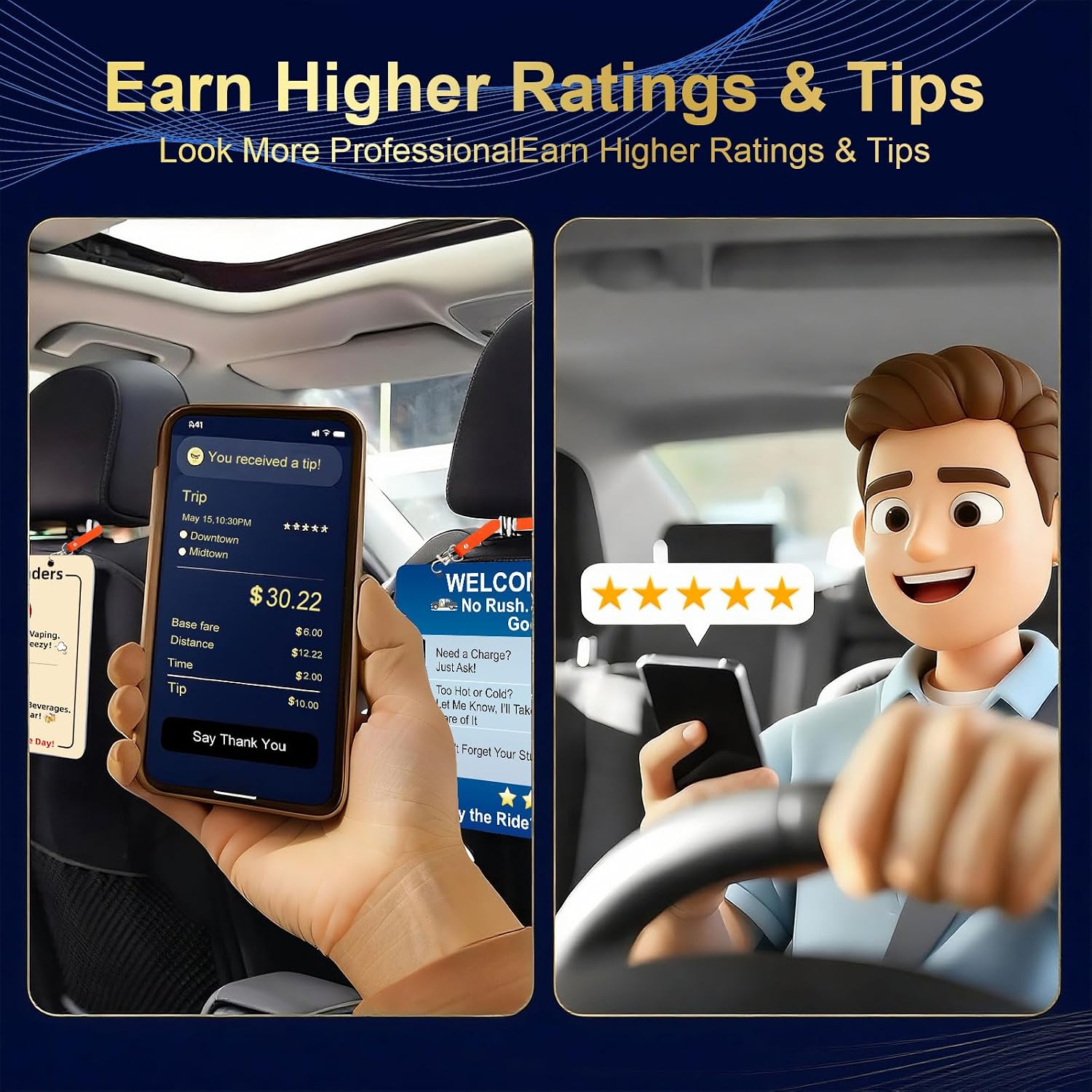 Rideshare Car Sign for Uber Lyft Drivers, Headrest Sign, 2 Pack image 5