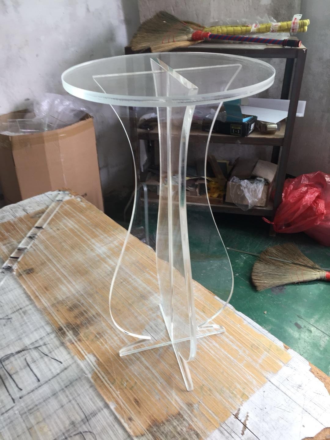 Clear Round Acrylic Carved Coffee Tea Table, Lucite Accent Pedestal Tables Crossed Legs