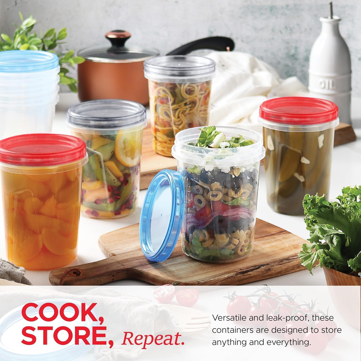 Tafura 15 Pack Leakproof Freezer Containers for Food with Twist Top Lids - 32 Oz BPA Free - Black/Blue/Red Lids