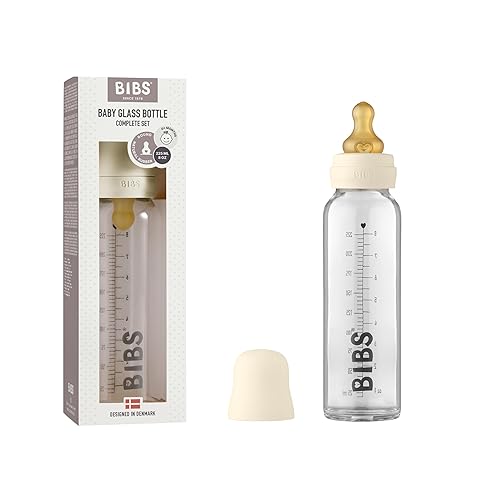 BIBS Juego completo de biberones de cristal para bebé, 7.6 fl oz, goma natural sin BPA, fabricado en Dinamarca, marfil