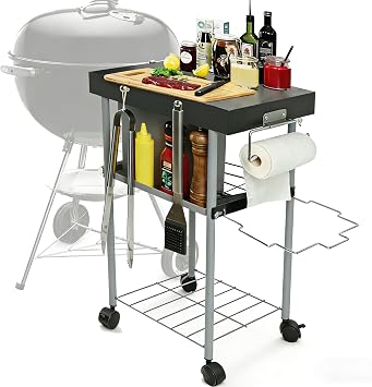 Rolling Grill Side Table Cart for 18"/22" Weber Charcoal Kettle Grills - Outdoor Prep Stand with Wheels, Mesh Storage Racks for Backyard BBQ, Camping, Parties