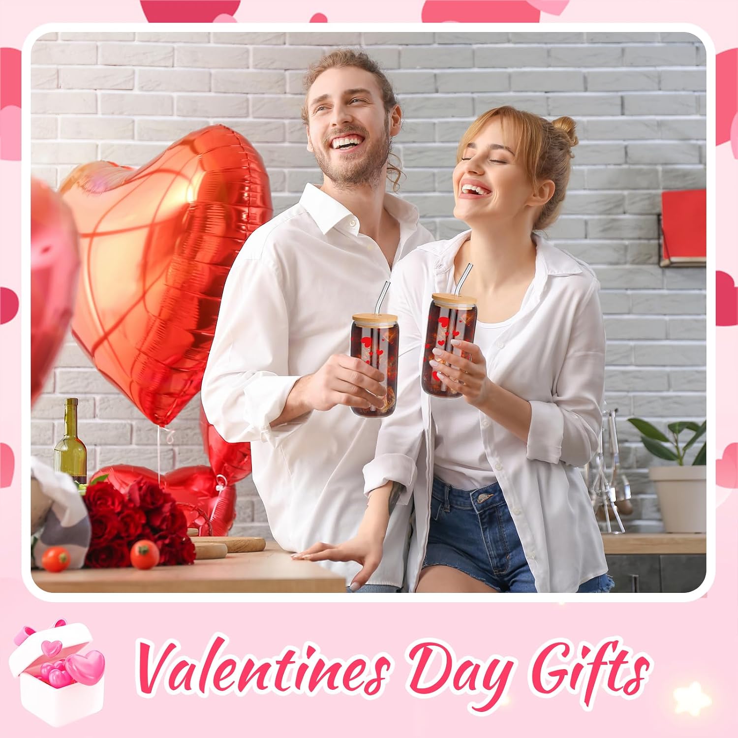 6 Pcs Valentine Gifts Glass Cups with Lids and Straws 16 oz Hearts Iced Coffee Cups Drinking Heart Women Ladies Wife Gift Valentines Day Galentines Party Supplies Wedding Birthday (Red)