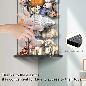 Corner Stuffed Animal Storage Organizer, Toy Stuffed Animals Hammock Net Adjustable Length, Spave Save for Hanging Wall Plush Toy Holder, Kids Furniture room Decor for Nursery Playroom Bedroom, Black