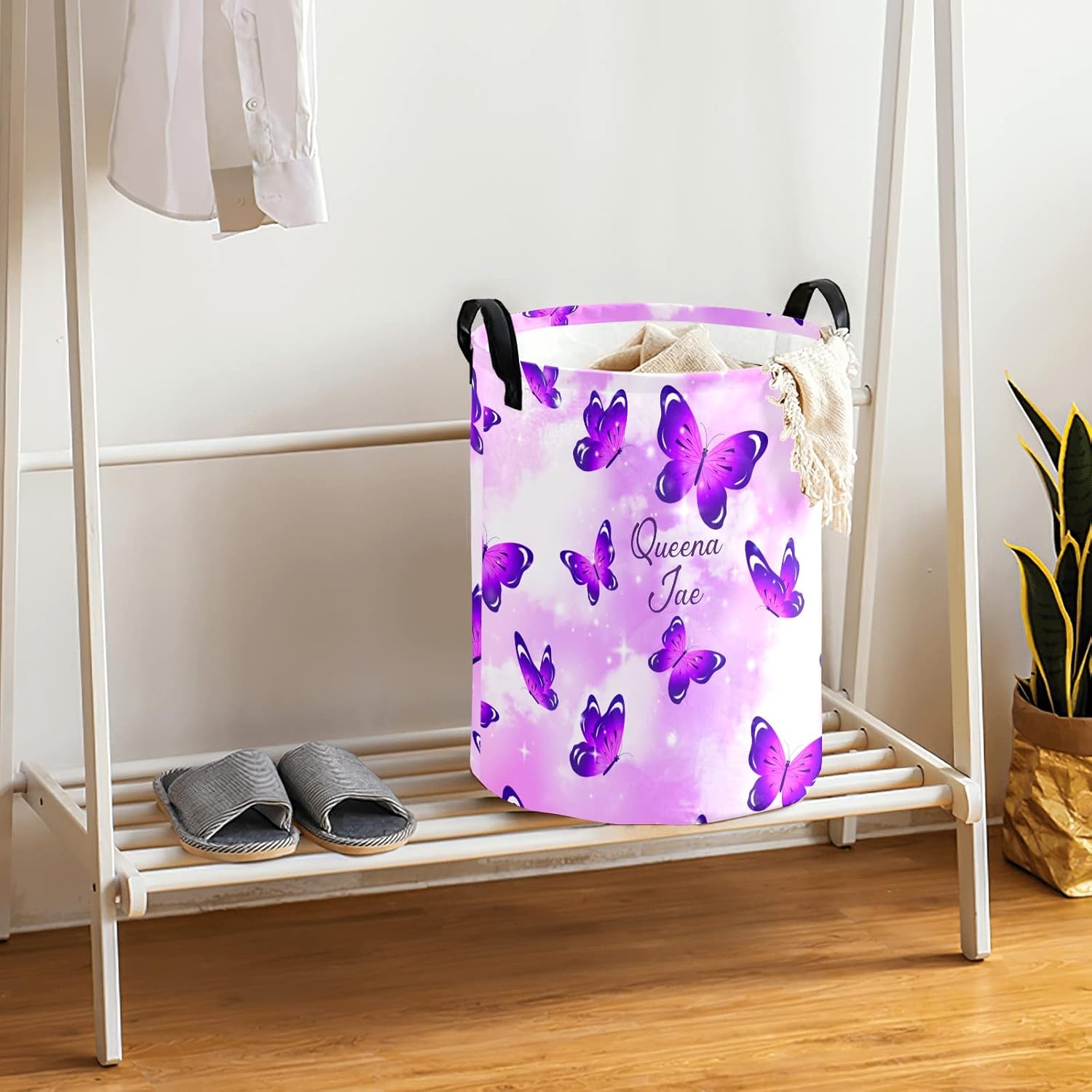Purple Wings Butterfly Storage Bin, Waterproof Oxford Fabric Clothes Basket Organizer for Laundry Hamper,Toy Bins,Gift Baskets, Bedroom, Clothes,Baby Nursery