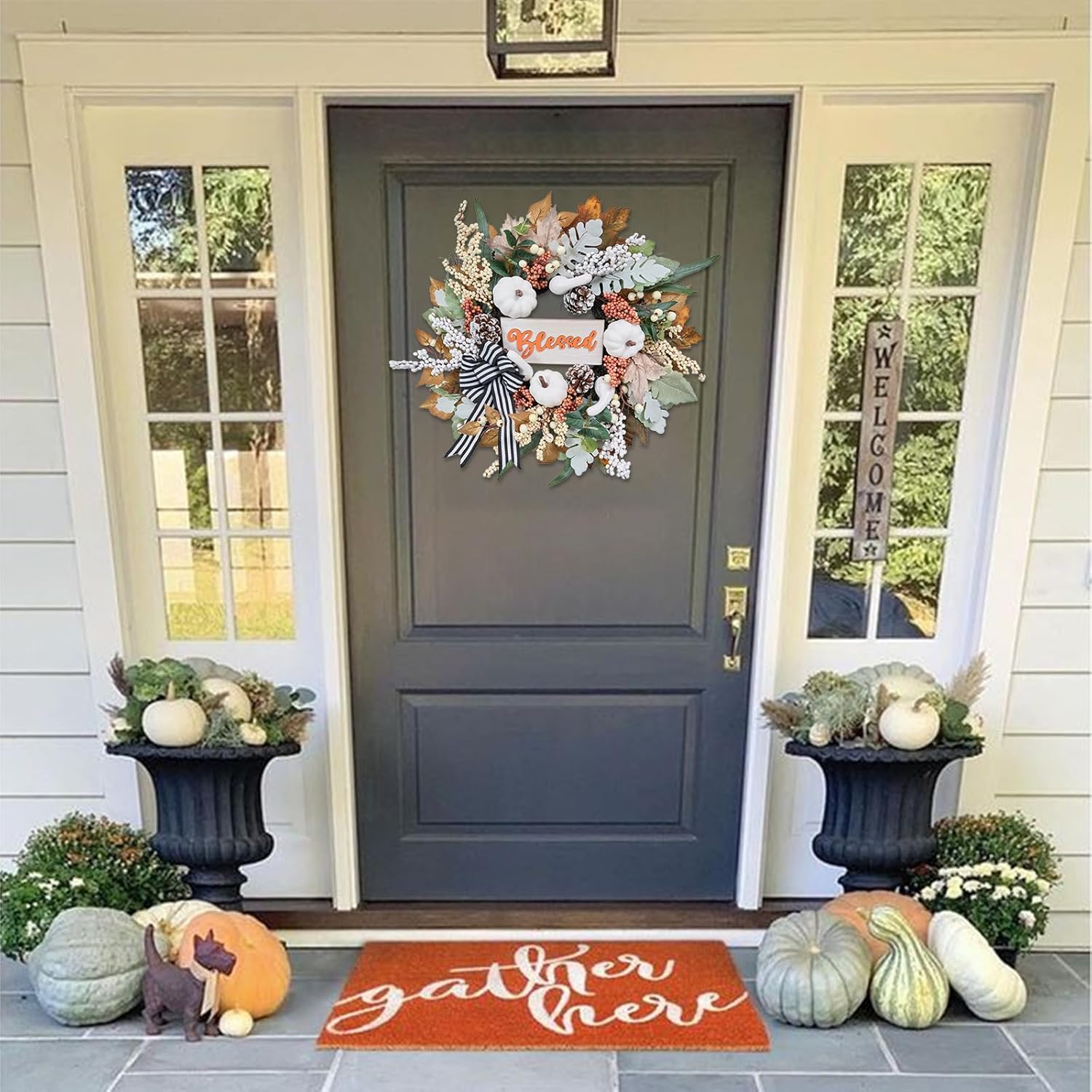 Fall Wreath for Front Door,Autumn Harvest Porch Decor,20 inch Blessed Fall Door Wreaths with White Pumpkin,thanksgving Farmhouse Decoration with Ribbon Bow for Indoor Outdoor, Front Door Wreaths