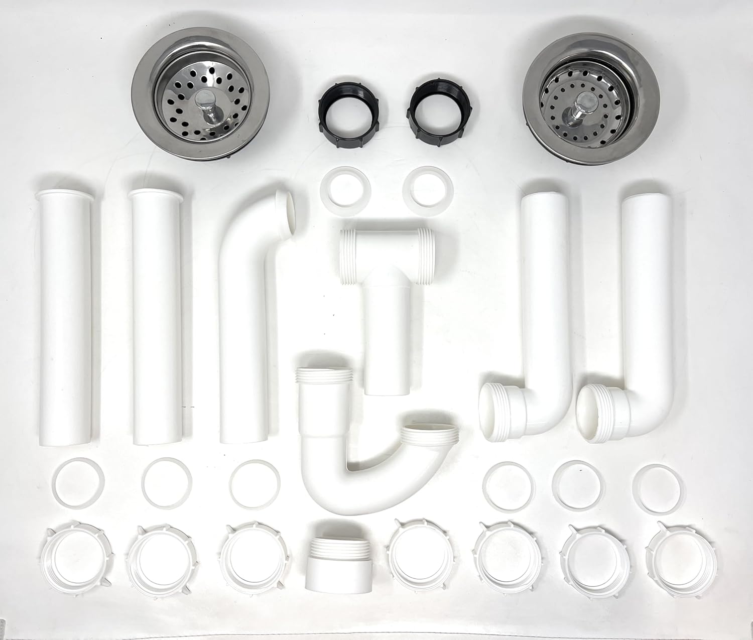 Sink Drain Pipe Kit, 1 ½” All-in-One Plumbing Set with Metal Strainer Baskets, Plastic P-Traps and Replacement Pipes, for Double Bowl Kitchen and Patio Sinks