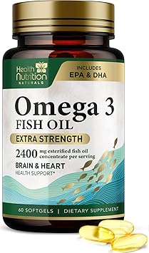 Omega 3 Fish Oil Supplements - 2400mg Fish Oil Per Serving - Triple Strength Omega-3 with EPA & DHA Fatty Acids - Natural Heart, Brain & Immune Support - Wild Caught, Bottled in USA - 60 Softgels