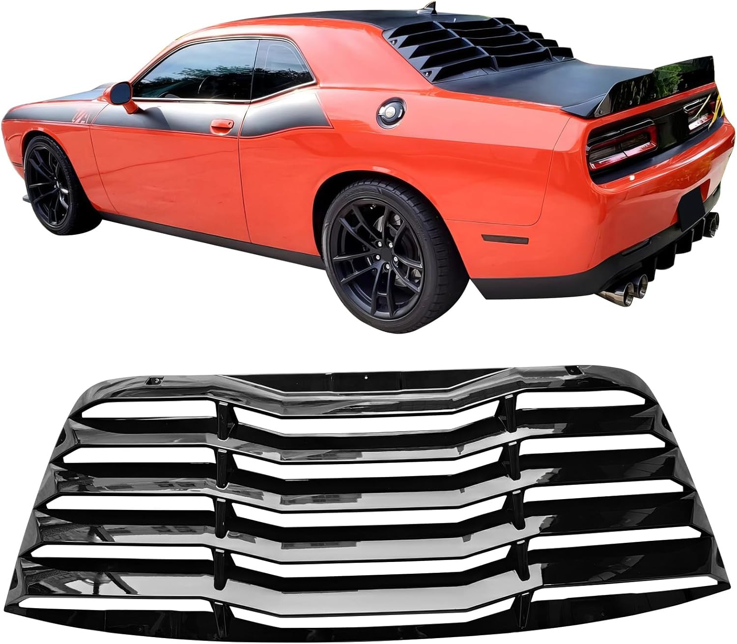 IKON MOTORSPORTS, Window Louver Compatible with 2008-2023 Dodge Challenger, Gloss Black Sun Shade Cover Rear Windshield Louver, 2009 2010 2011 2012 2013 2014 2015 2016 2017 2018 2019 2020