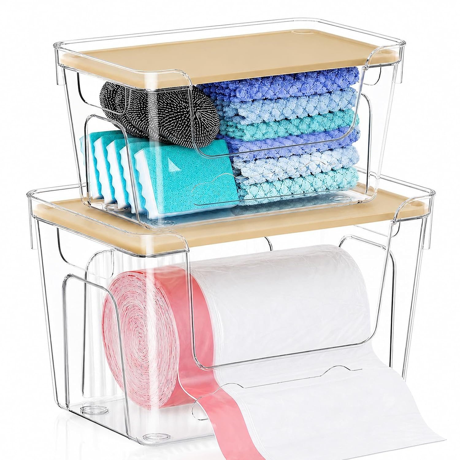 VOOWO Trash Bag Holder, 2 Pack Clear Trash Bag Dispenser with Plastic Lid