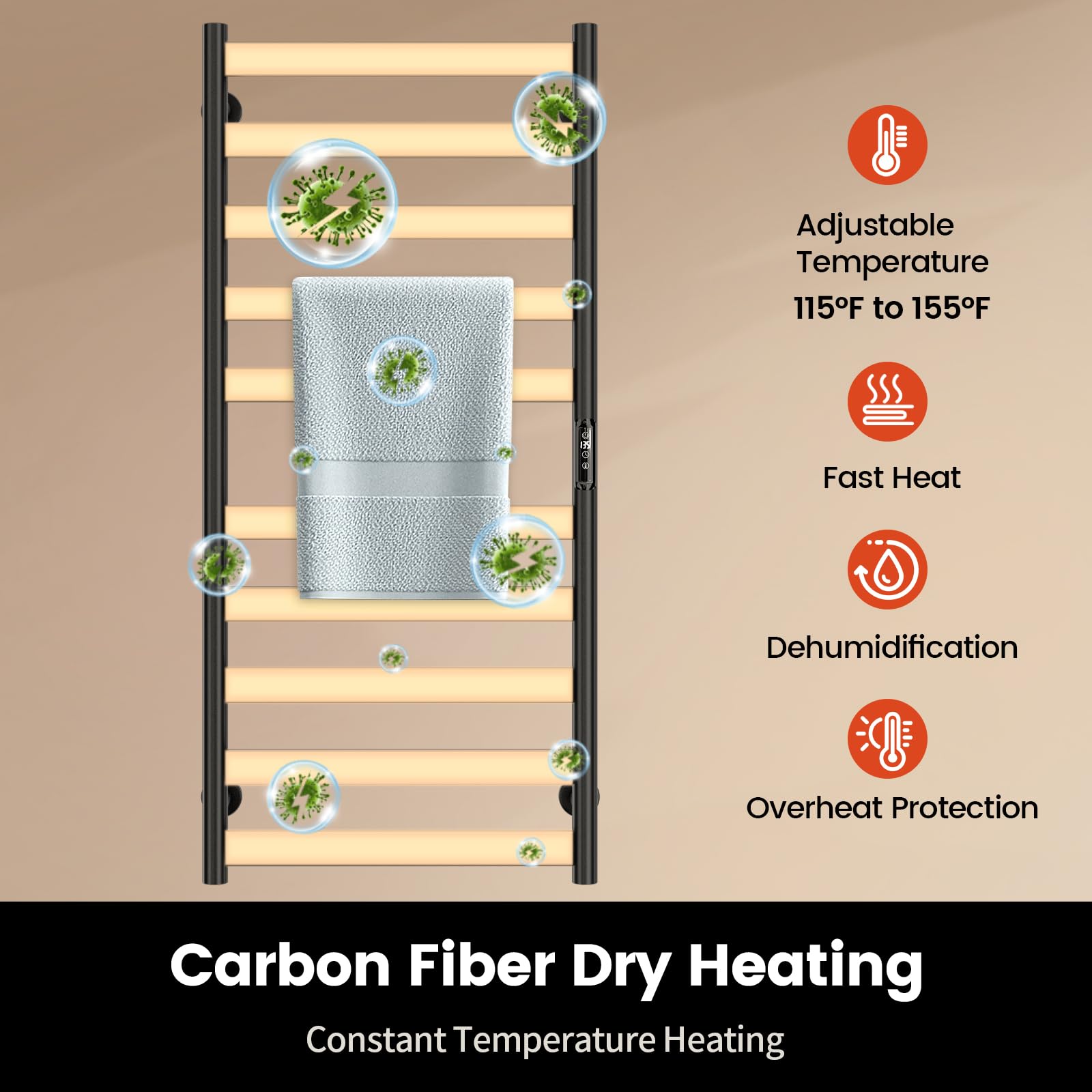 Electric Towel Warmer Rack, 10-Bar Stainless Steel Heated Tower Rack with Built-in Timer, Wall Mounted, Plug-in/Hardwired, Black