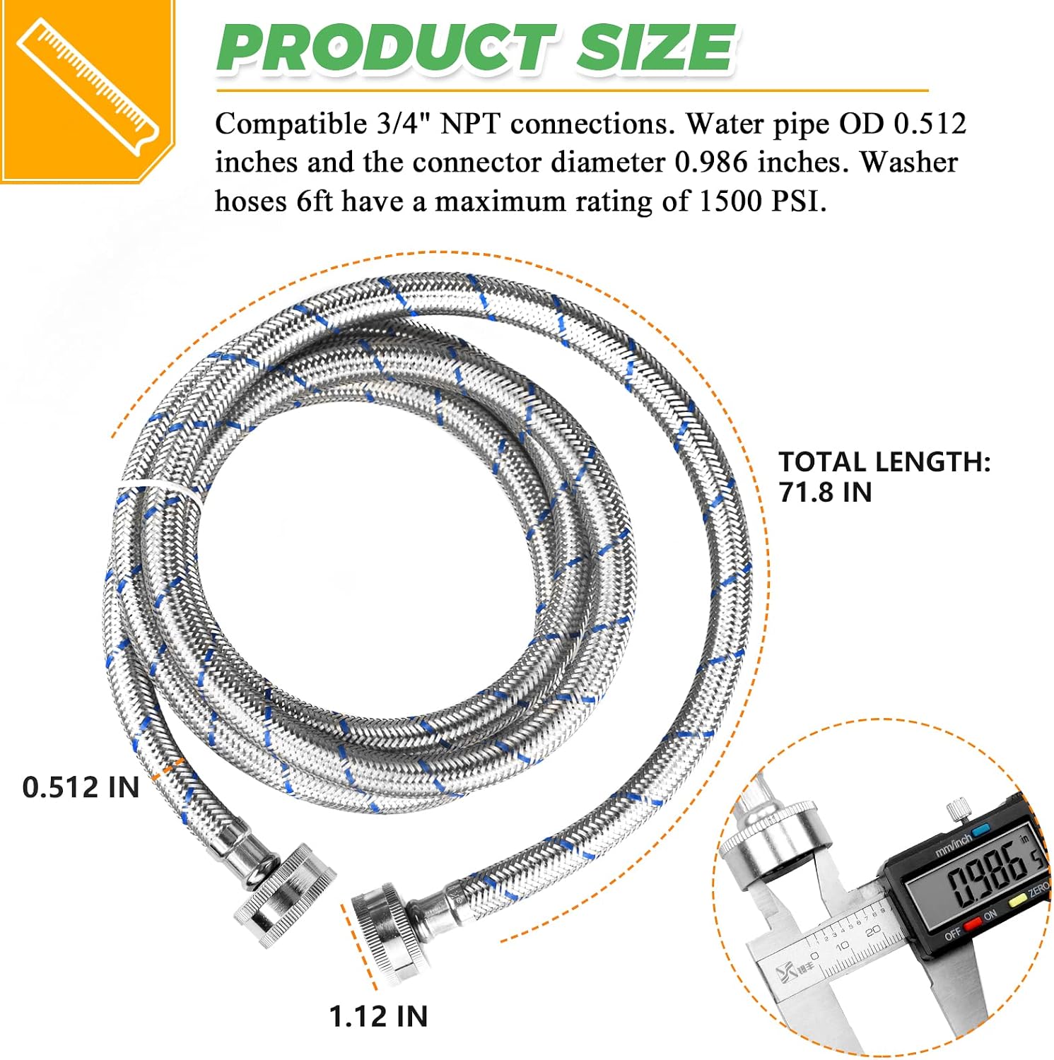 6Ft Stainless Steel Washing Machine Hoses Burst Proof Hot and Cold Water photo 4