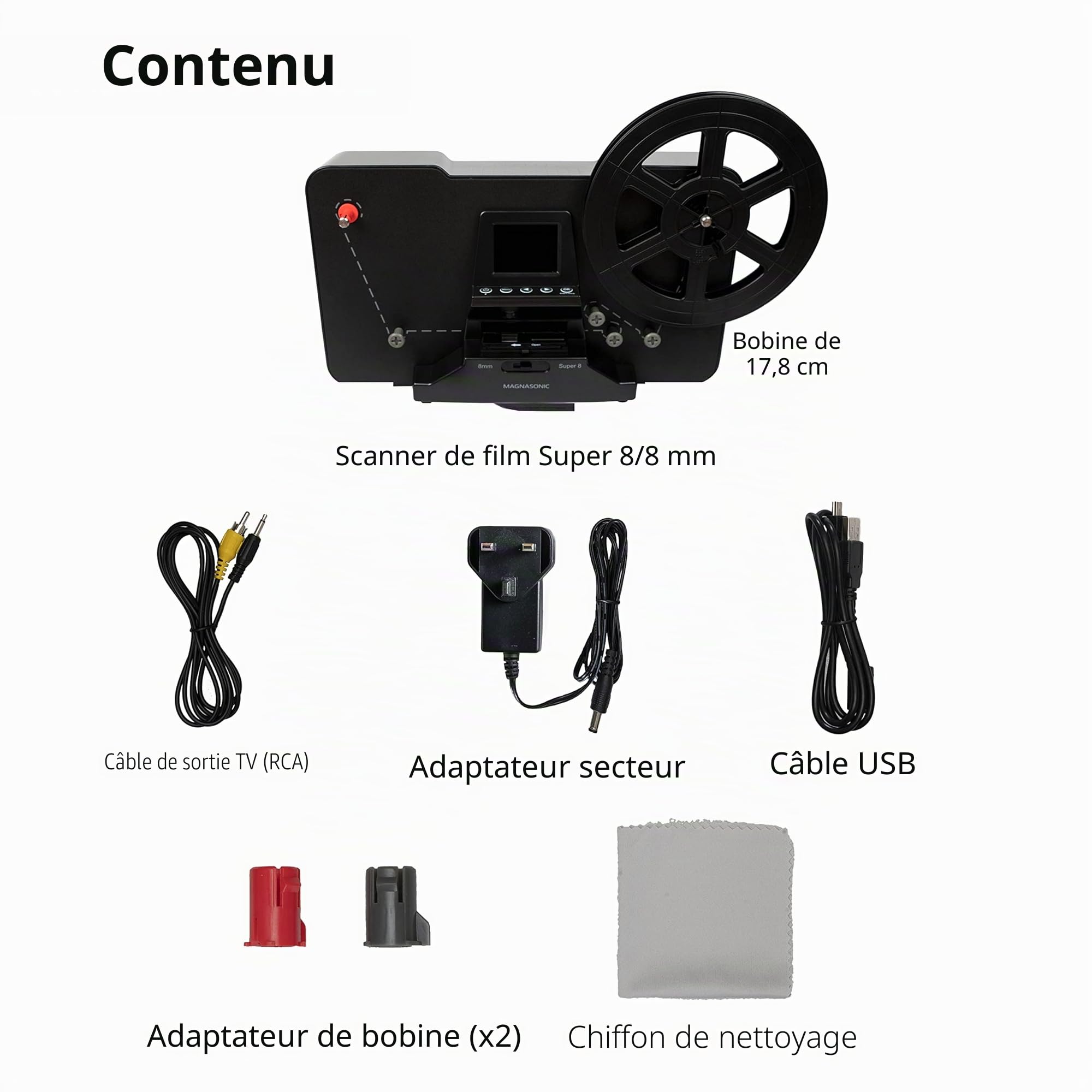 Magnasonic Scanner de Film Super 8/8 mm, convertit Le Film en vidéo numérique, écran Vibrant de 5,8 cm, numérisation et visualisation des bobines de Film Super 8/8 mm (FS81)