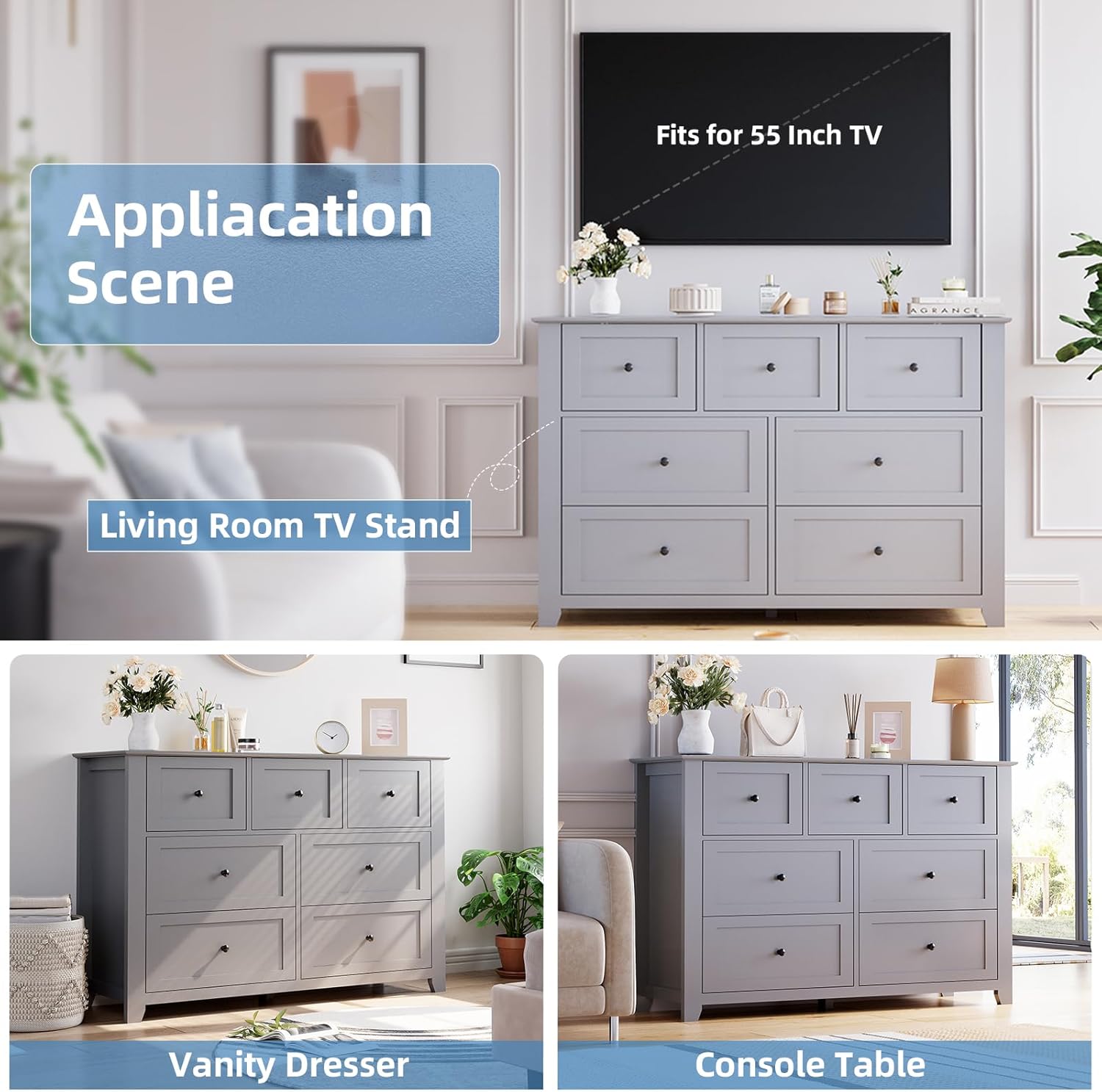 IDEALHOUSE 7 Chest of Drawer Dresser, Modern Wood Storage Organizer Cabinet with Drawers for Bedroom, Living Room, Entryway, Grey