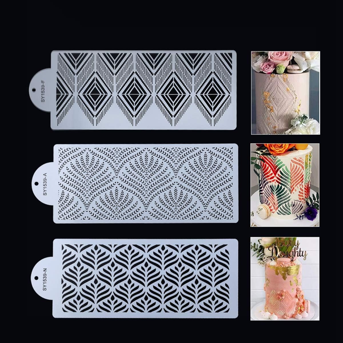 SEFEI 3 Pcs Cake Decorating Stencils Mold,Spray Floral Cake Molds Cookie Fondant Dessert Decorating Molds Side Baking Mesh Stencil(3Pcs)