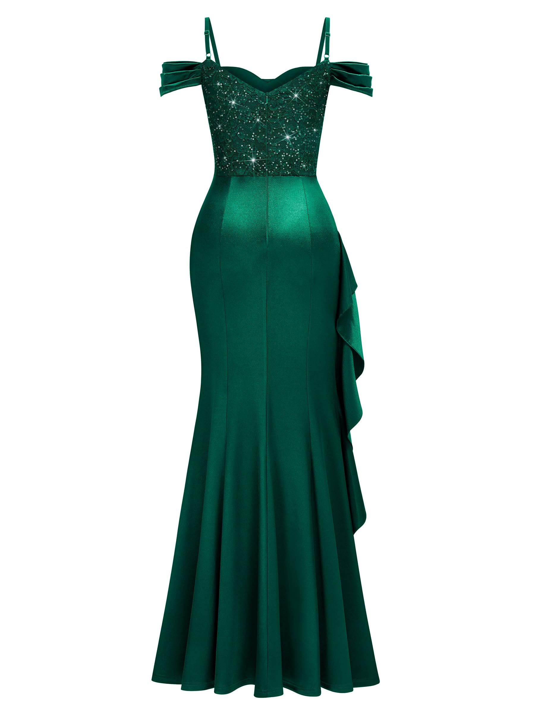 MIUSOL Abito lungo da donna, elegante, in pizzo con paillettes, con volant | Spalline sottili, design con spalle scoperte, corpetto aderente con scollo a V, orlo increspato con volant, ospite di nozze