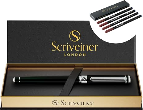 Scriveiner Black Green Rollerball Pen - Stunning Luxury Pen, Chrome Finish bundle with Rollerball Refill Blue Medium - 4 Refills in one box