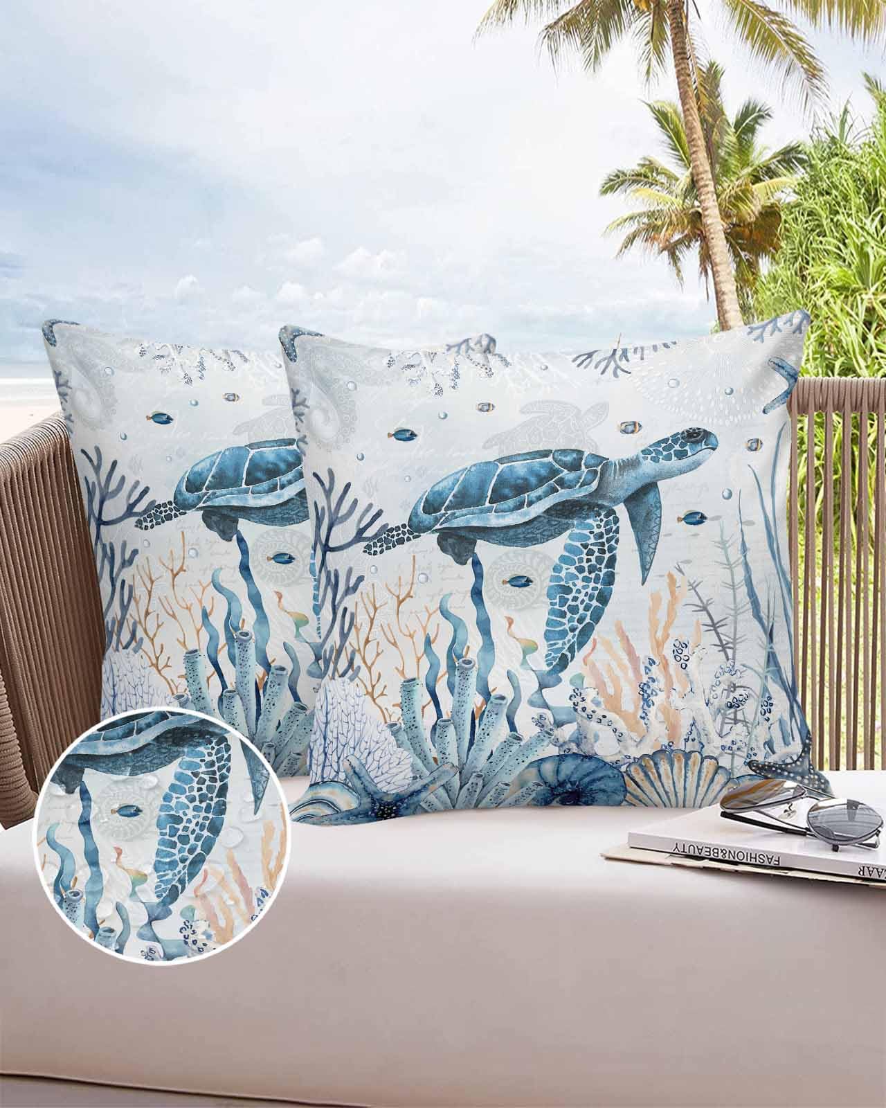 Boanket Outdoor Pillow Covers 16 x 16 in, Blue Sea Turtle Waterproof Throw Pillow Cover Set of 2, Coastal Ocean Beach Coral Nautical Home Decorative Square Cushion Covers for Patio/Tent/Couch/Garden