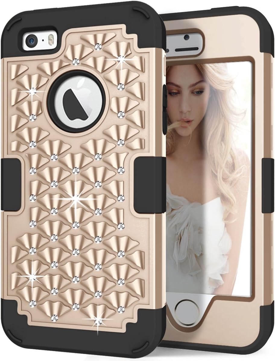 Hocase iPhone 5s Cute Case with Sparkly Glitter Bling Rhinestones Hybrid Dual Layer Protective Hard Back Cover+Silicone Bumper for Apple iPhone 5/5s/SE - Champagne Gold/Black
