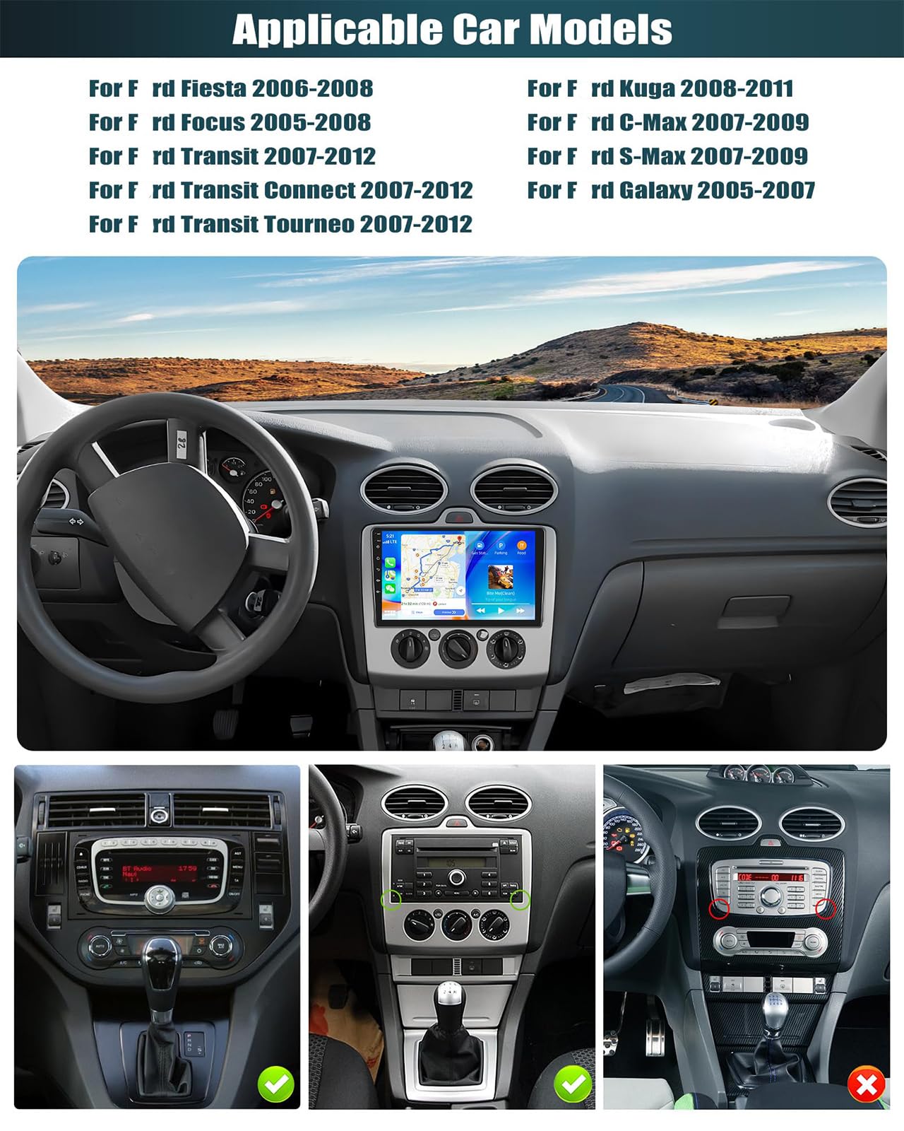 8-rdzeniowy Qualcomm Snapdragon 4G 64GB Android odtwarzacz dla F-ord Fiesta, Focus, Kuga, Transit Connect z CarPlay 9-calowy ekran dotykowy IPS, radio samochodowe z Hi-Res DSP, GPS, BT,K1 pro plus
