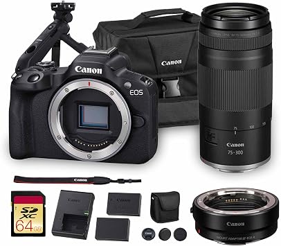 Canon EOS R50 Mirrorless Camera| 24.2MP APS-C, 4K 30p Video, Dual Pixel AF II, 15fps Burst, Vari-Angle Screen, Compact Beginner Vlogging Camera 5811C002 + Canon RF 75-300mm Lens + Tripod Grip + More