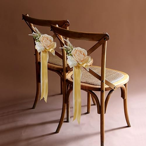 Miniatura 5 de TaTalife Juego de 6 decoraciones para sillas de boda, diseño de flores de rosas artificiales, juego de decoración de sillas de pasillo de boda para